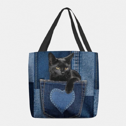 Mujeres Fieltro Lindo 3d Tridihombreional Gato Negro Dentro De Jeans Patrón Bolso De Hombro Bolso Tote