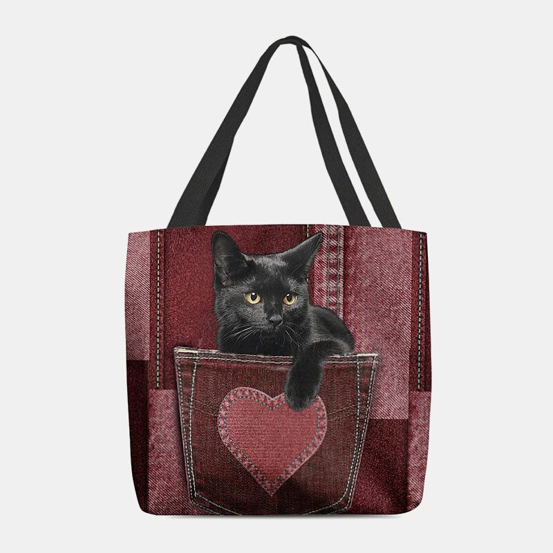 Mujeres Fieltro Lindo 3d Tridihombreional Gato Negro Dentro De Jeans Patrón Bolso De Hombro Bolso Tote