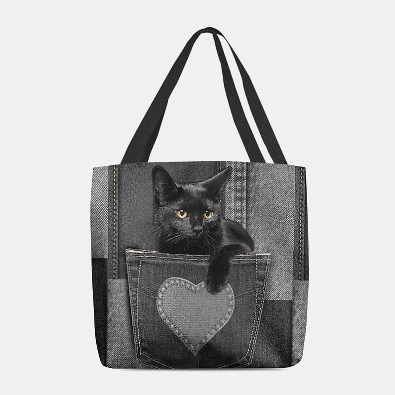 Mujeres Fieltro Lindo 3d Tridihombreional Gato Negro Dentro De Jeans Patrón Bolso De Hombro Bolso Tote