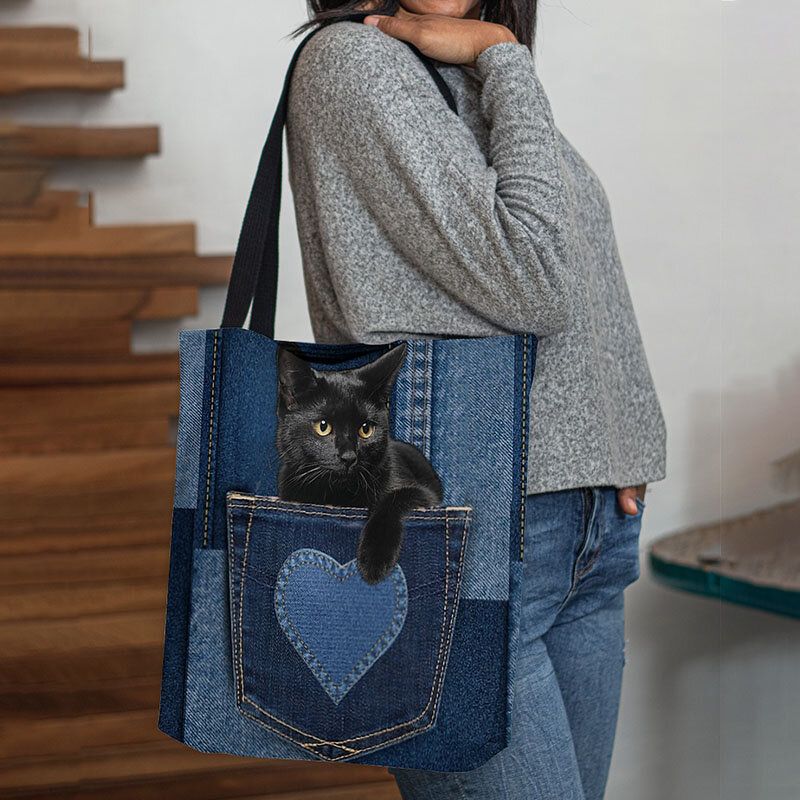 Mujeres Fieltro Lindo 3d Tridihombreional Gato Negro Dentro De Jeans Patrón Bolso De Hombro Bolso Tote