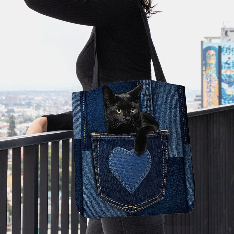 Mujeres Fieltro Lindo 3d Tridihombreional Gato Negro Dentro De Jeans Patrón Bolso De Hombro Bolso Tote