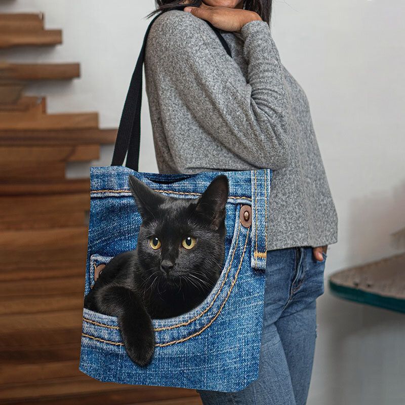 Mujeres Fieltro Lindo 3d Tridihombreional Gato Negro Dentro De Jeans Patrón Bolso De Hombro Bolso Tote