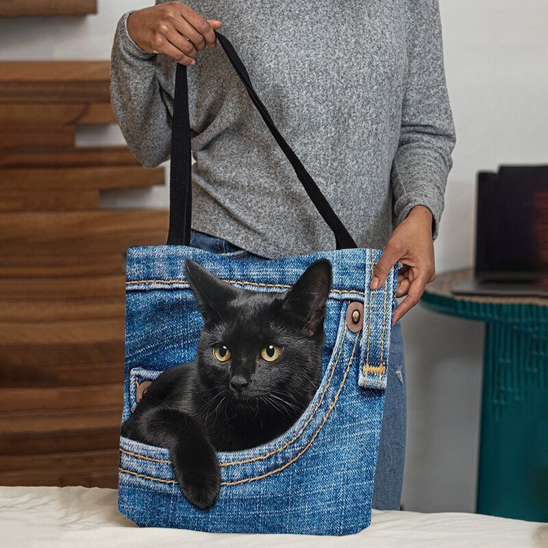 Mujeres Fieltro Lindo 3d Tridihombreional Gato Negro Dentro De Jeans Patrón Bolso De Hombro Bolso Tote