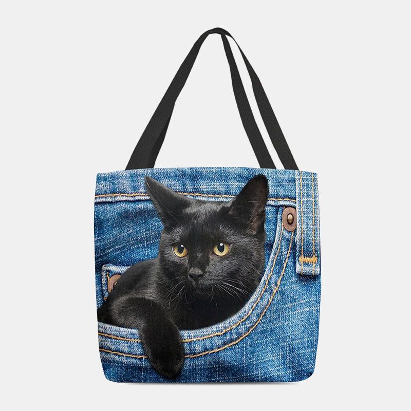 Mujeres Fieltro Lindo 3d Tridihombreional Gato Negro Dentro De Jeans Patrón Bolso De Hombro Bolso Tote