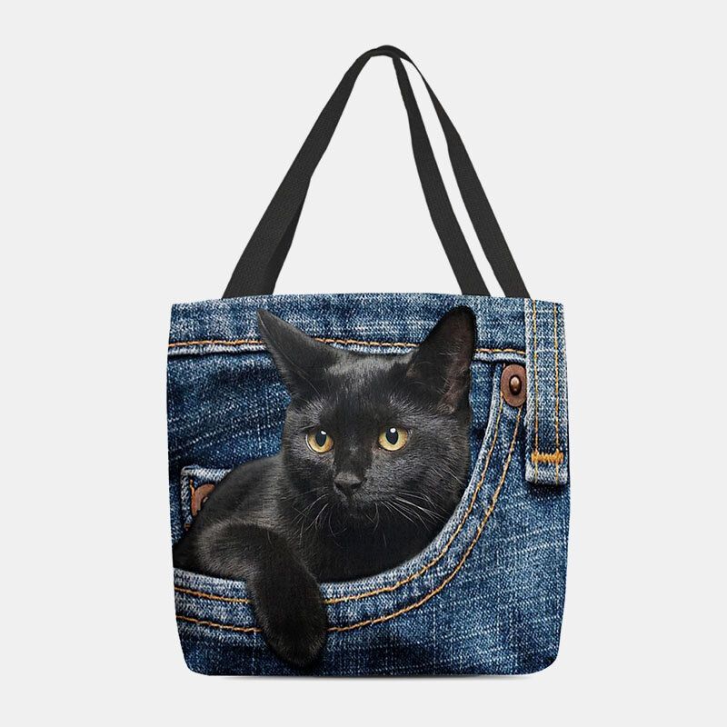 Mujeres Fieltro Lindo 3d Tridihombreional Gato Negro Dentro De Jeans Patrón Bolso De Hombro Bolso Tote