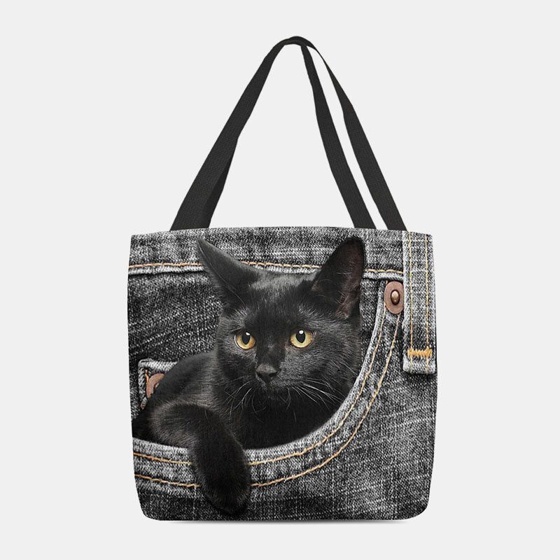 Mujeres Fieltro Lindo 3d Tridihombreional Gato Negro Dentro De Jeans Patrón Bolso De Hombro Bolso Tote