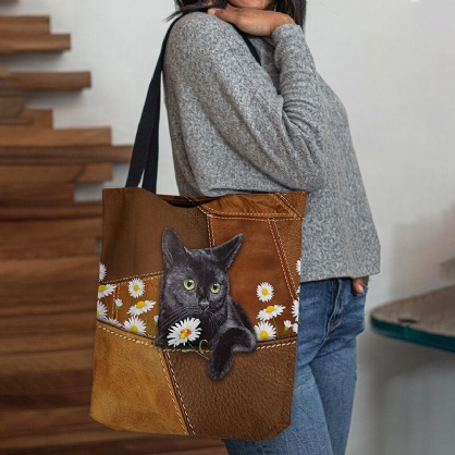 Mujeres Fieltro Lindo 3d Tridihombreional Gato Negro Margarita Patrón Bolso De Hombro Bolso Tote