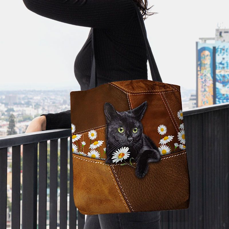 Mujeres Fieltro Lindo 3d Tridihombreional Gato Negro Margarita Patrón Bolso De Hombro Bolso Tote