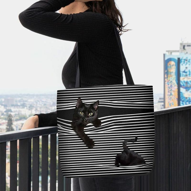 Mujeres Fieltro Lindo 3d Tridihombreional Gato Negro Rayas Patrón Bolso De Hombro Bolso Tote