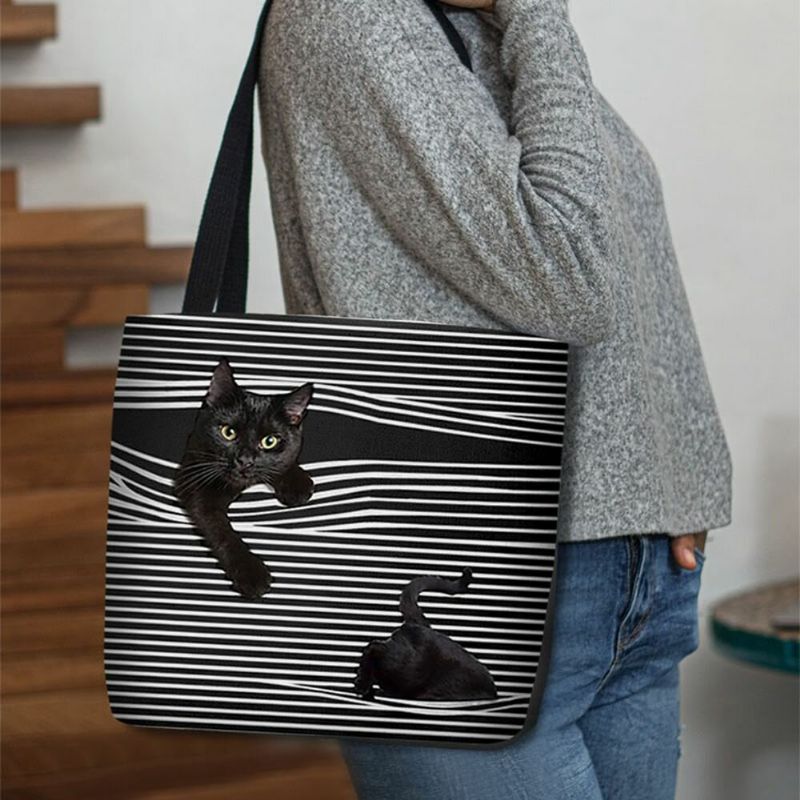 Mujeres Fieltro Lindo 3d Tridihombreional Gato Negro Rayas Patrón Bolso De Hombro Bolso Tote