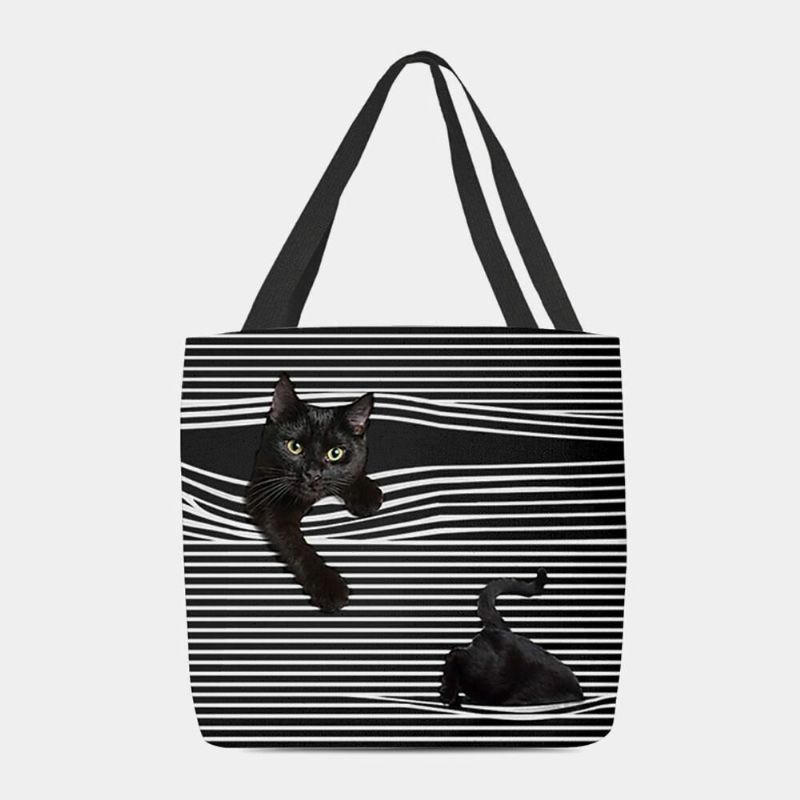 Mujeres Fieltro Lindo 3d Tridihombreional Gato Negro Rayas Patrón Bolso De Hombro Bolso Tote