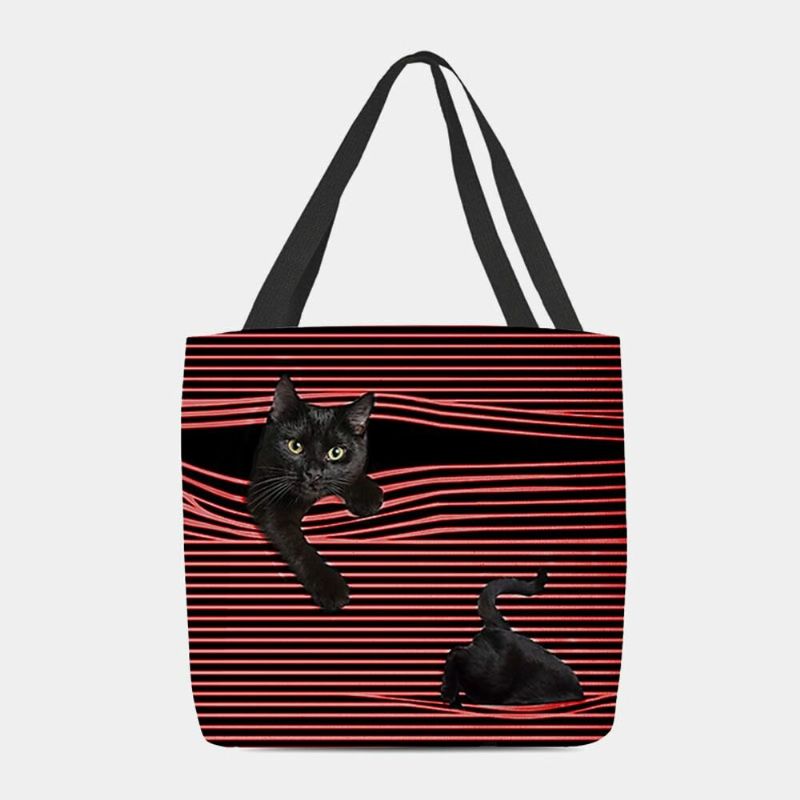 Mujeres Fieltro Lindo 3d Tridihombreional Gato Negro Rayas Patrón Bolso De Hombro Bolso Tote