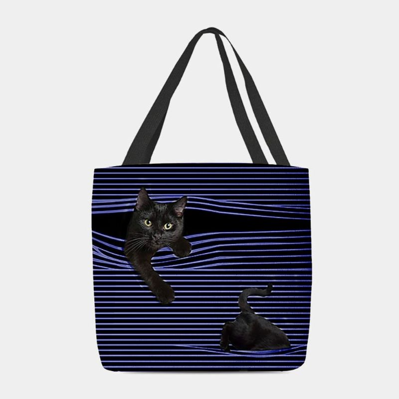 Mujeres Fieltro Lindo 3d Tridihombreional Gato Negro Rayas Patrón Bolso De Hombro Bolso Tote