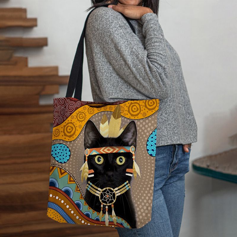 Mujeres Fieltro Lindo Dibujo Animado Egipcio Vestido Negro Gato Patrón Bolso De Hombro Bolso De Mano