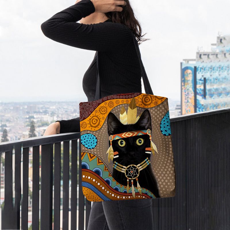 Mujeres Fieltro Lindo Dibujo Animado Egipcio Vestido Negro Gato Patrón Bolso De Hombro Bolso De Mano