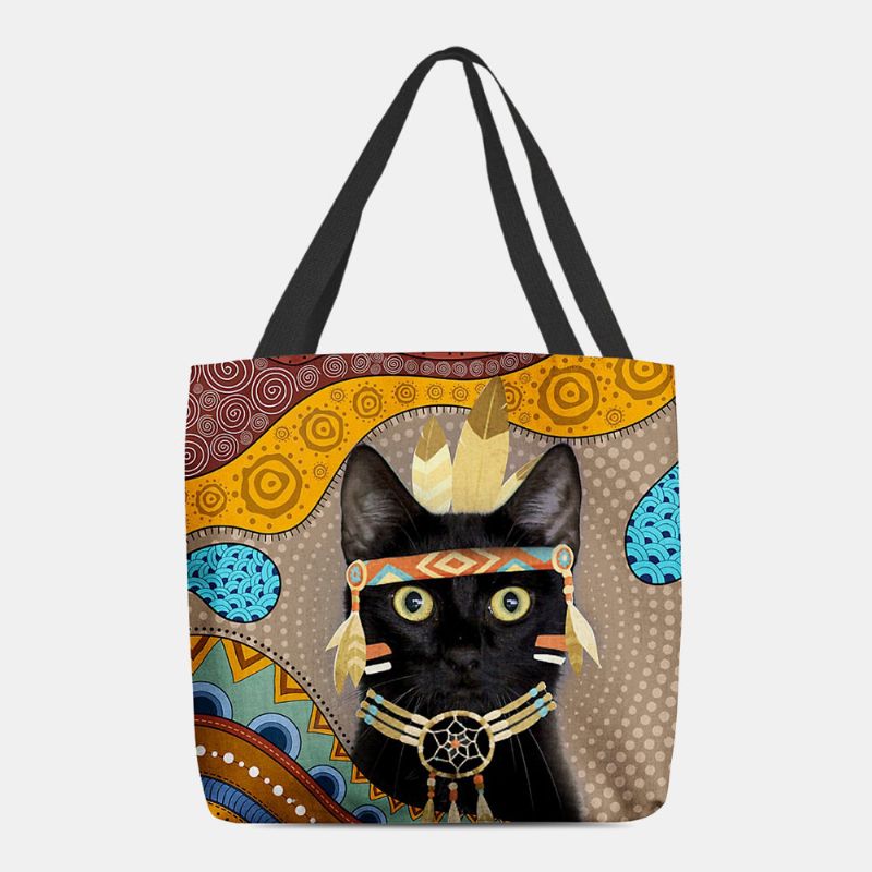 Mujeres Fieltro Lindo Dibujo Animado Egipcio Vestido Negro Gato Patrón Bolso De Hombro Bolso De Mano