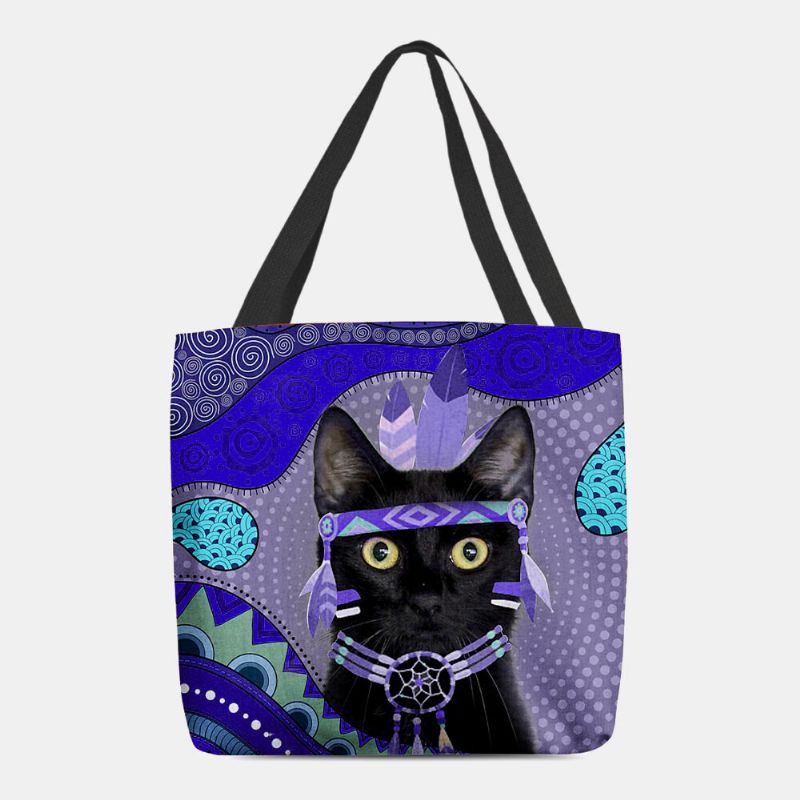 Mujeres Fieltro Lindo Dibujo Animado Egipcio Vestido Negro Gato Patrón Bolso De Hombro Bolso De Mano