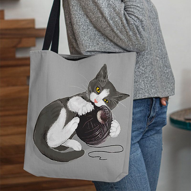 Mujeres Fieltro Lindo Gato De Dibujos Animados Jugando Bola De Lana Patrón De Impresión Bolso De Hombro Informal Bolso De Mano