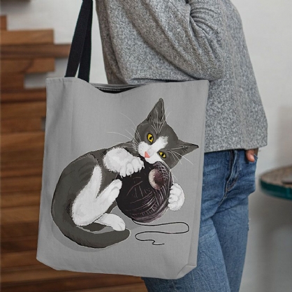 Mujeres Fieltro Lindo Gato De Dibujos Animados Jugando Bola De Lana Patrón De Impresión Bolso De Hombro Informal Bolso De Mano