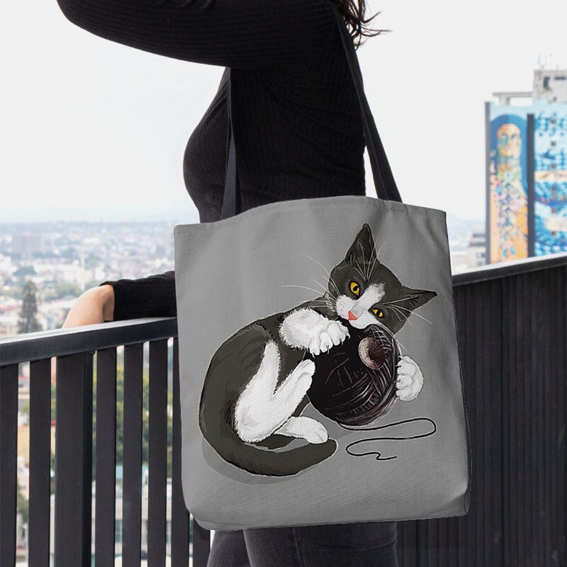 Mujeres Fieltro Lindo Gato De Dibujos Animados Jugando Bola De Lana Patrón De Impresión Bolso De Hombro Informal Bolso De Mano