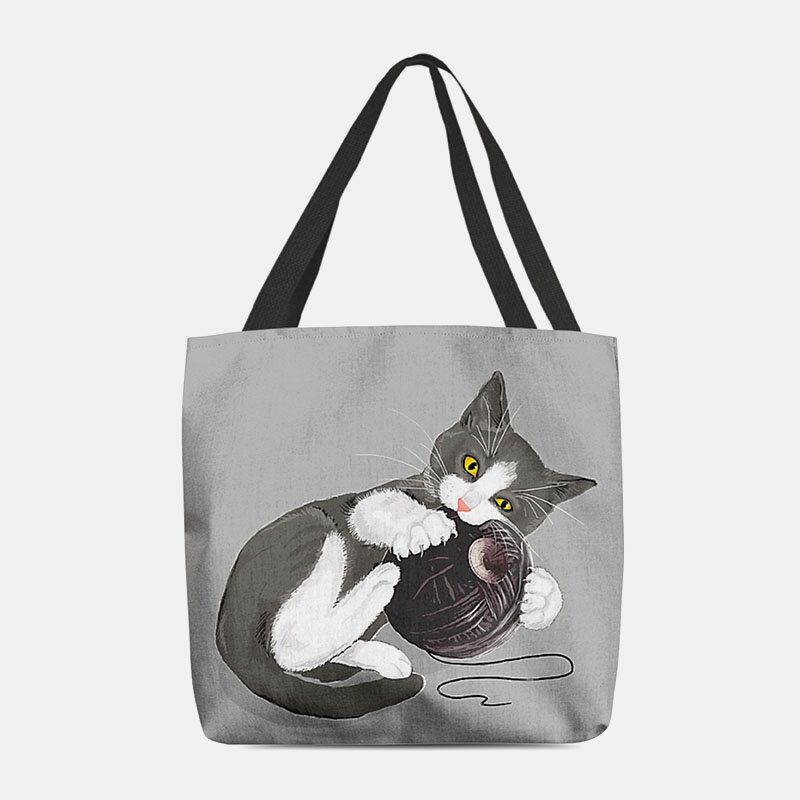 Mujeres Fieltro Lindo Gato De Dibujos Animados Jugando Bola De Lana Patrón De Impresión Bolso De Hombro Informal Bolso De Mano