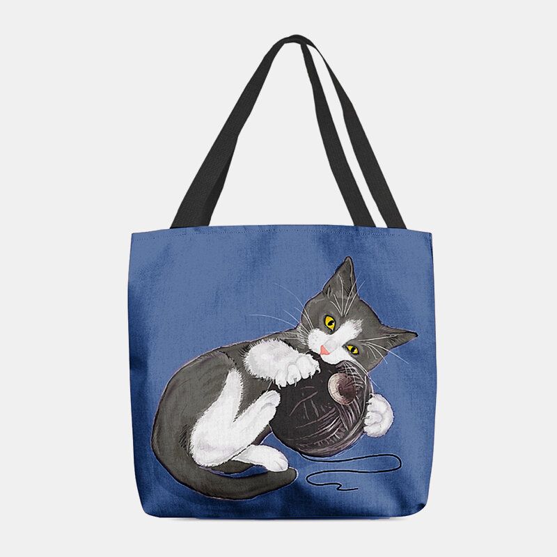 Mujeres Fieltro Lindo Gato De Dibujos Animados Jugando Bola De Lana Patrón De Impresión Bolso De Hombro Informal Bolso De Mano