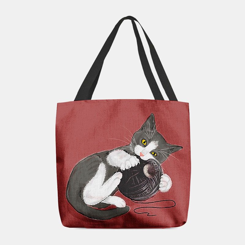 Mujeres Fieltro Lindo Gato De Dibujos Animados Jugando Bola De Lana Patrón De Impresión Bolso De Hombro Informal Bolso De Mano