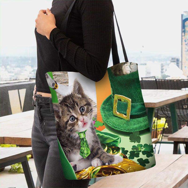 Mujeres Green Hat Cat Happy St Patrick Day Bolso De Hombro Bolso Tote