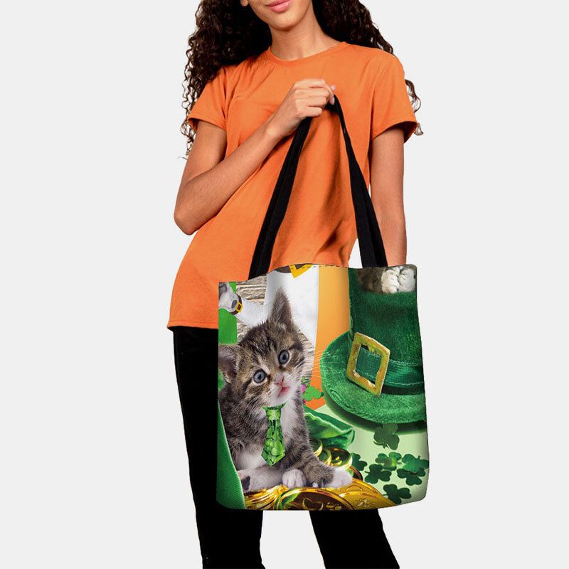 Mujeres Green Hat Cat Happy St Patrick Day Bolso De Hombro Bolso Tote