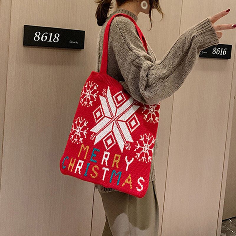 Mujeres Lana Árbol De Navidad Copo De Nieve Patrón De Letras Bolso Festivo Informal Bolso De Hombro