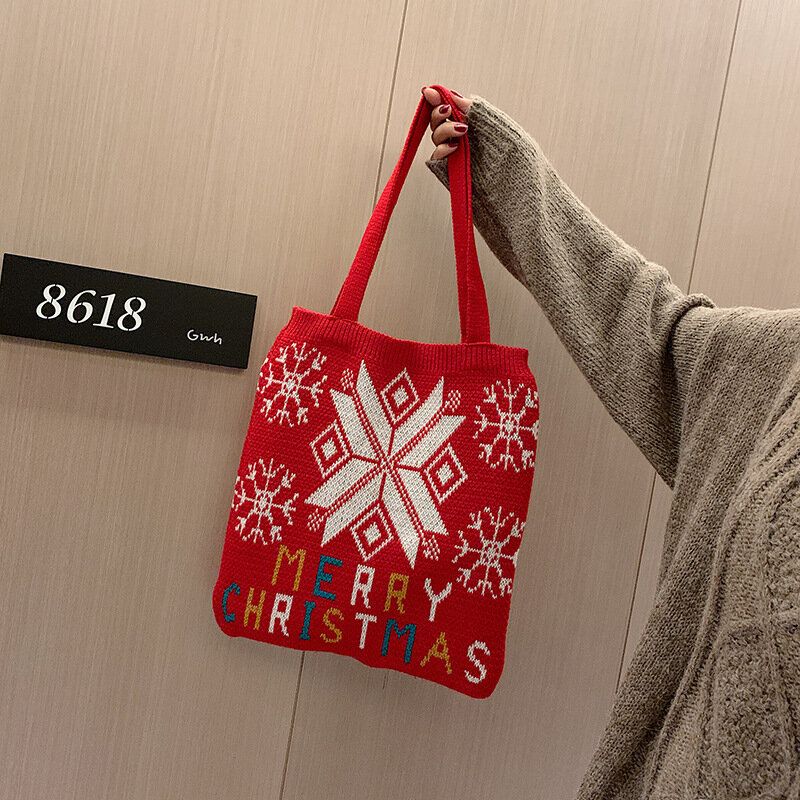 Mujeres Lana Árbol De Navidad Copo De Nieve Patrón De Letras Bolso Festivo Informal Bolso De Hombro