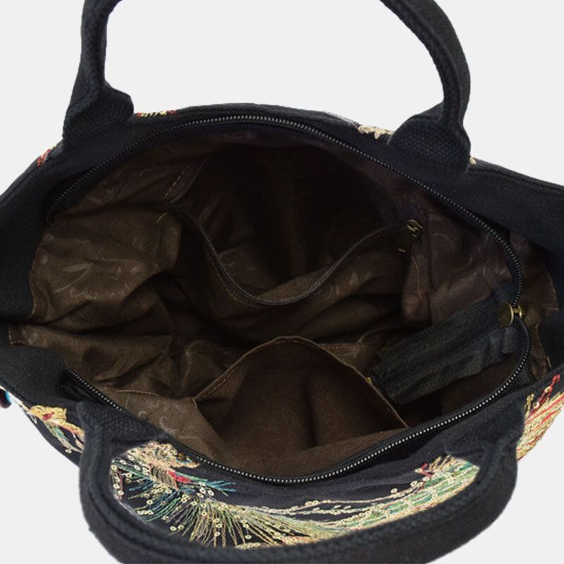 Mujeres Lienzo Bordado Patrón De Pavo Real Estilo Étnico Bolso De Mano Múltiple Bolso Bandolera Bolso Bandolera