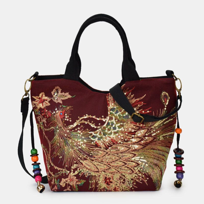 Mujeres Lienzo Bordado Patrón De Pavo Real Estilo Étnico Bolso De Mano Múltiple Bolso Bandolera Bolso Bandolera