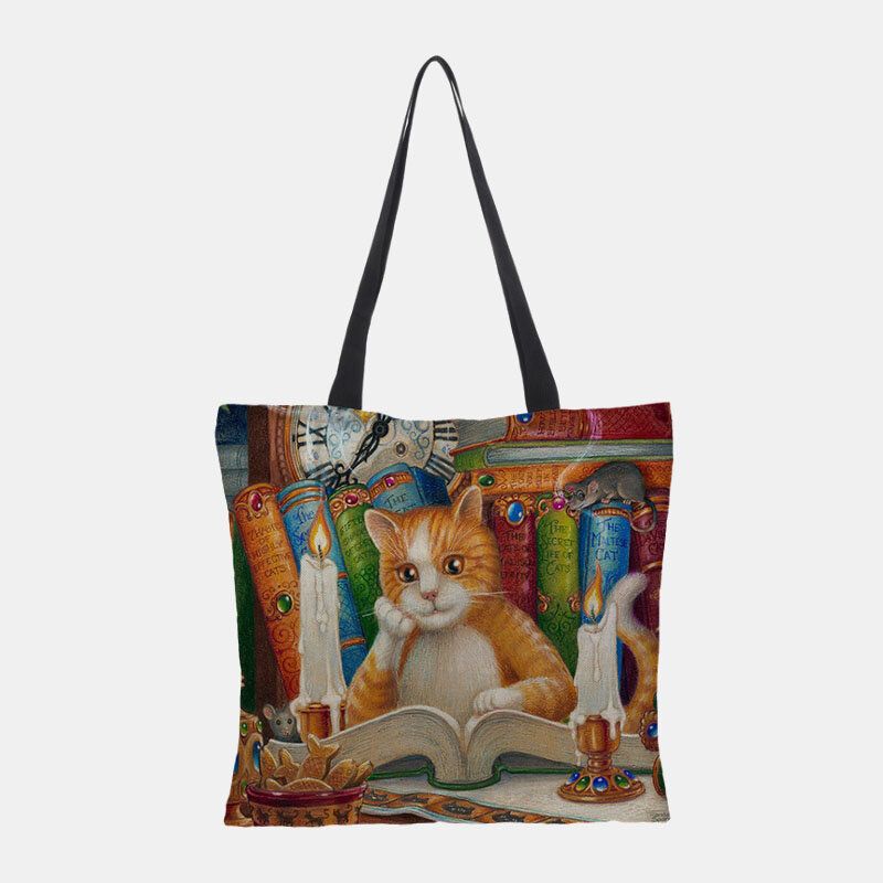 Mujeres Lienzo Dibujos Animados Lindo Pintura Al Óleo Gatos Impresión Bolsa De Compras Impermeable Bolso De Hombro