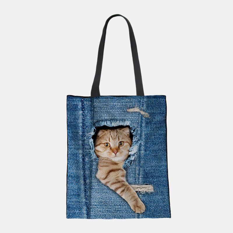 Mujeres Lienzo Rompiendo Agujero Denim 3d Lindo Gato Perro Patrón Casual Bolso De Hombro Al Aire Libre Bolso Tote