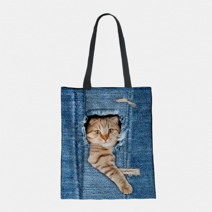 Mujeres Lienzo Rompiendo Agujero Denim 3d Lindo Gato Perro Patrón Casual Bolso De Hombro Al Aire Libre Bolso Tote