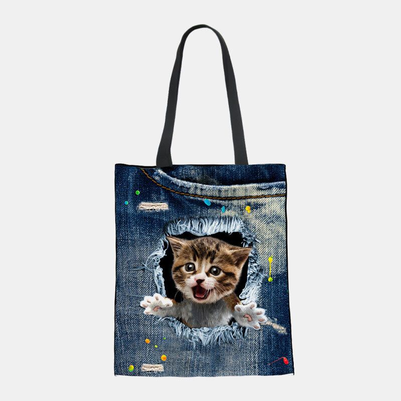 Mujeres Lienzo Rompiendo Agujero Denim 3d Lindo Gato Perro Patrón Casual Bolso De Hombro Al Aire Libre Bolso Tote