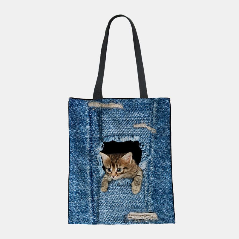 Mujeres Lienzo Rompiendo Agujero Denim 3d Lindo Gato Perro Patrón Casual Bolso De Hombro Al Aire Libre Bolso Tote