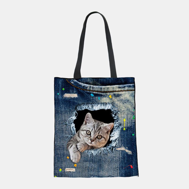 Mujeres Lienzo Rompiendo Agujero Denim 3d Lindo Gato Perro Patrón Casual Bolso De Hombro Al Aire Libre Bolso Tote