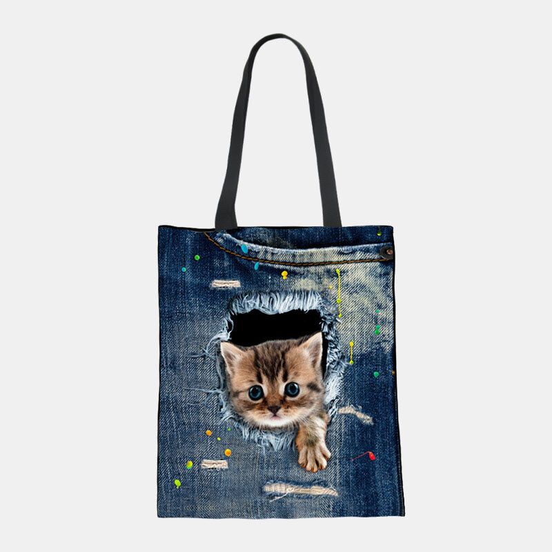 Mujeres Lienzo Rompiendo Agujero Denim 3d Lindo Gato Perro Patrón Casual Bolso De Hombro Al Aire Libre Bolso Tote