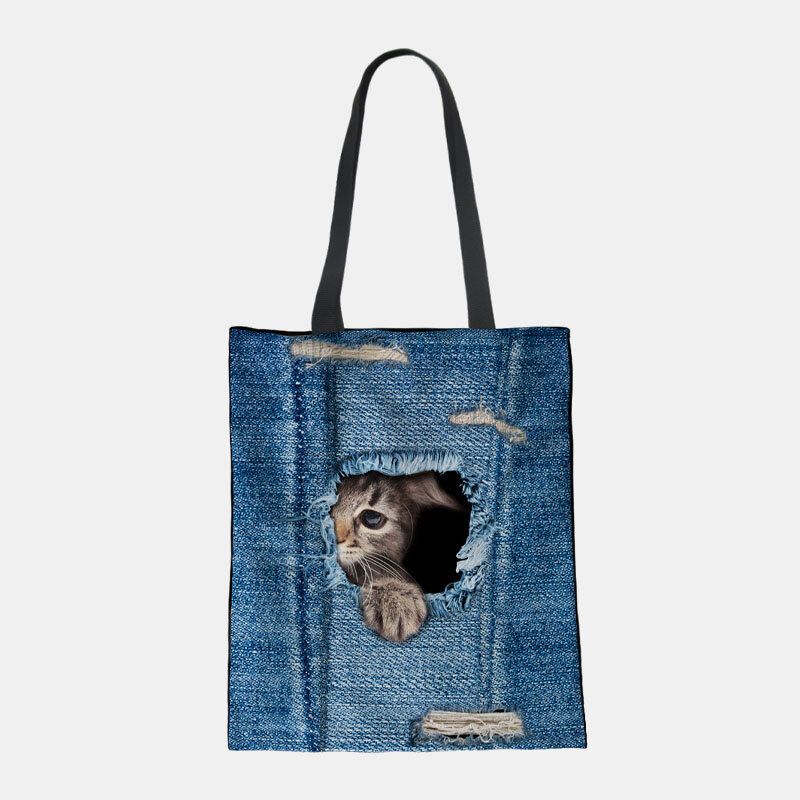 Mujeres Lienzo Rompiendo Agujero Denim 3d Lindo Gato Perro Patrón Casual Bolso De Hombro Al Aire Libre Bolso Tote