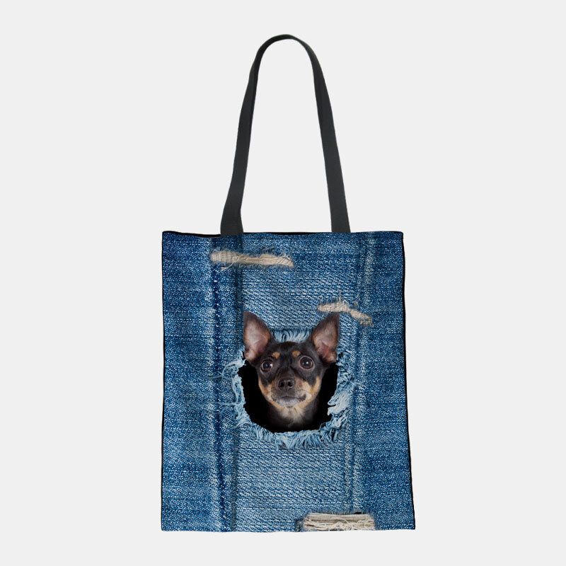 Mujeres Lienzo Rompiendo Agujero Denim 3d Lindo Gato Perro Patrón Casual Bolso De Hombro Al Aire Libre Bolso Tote