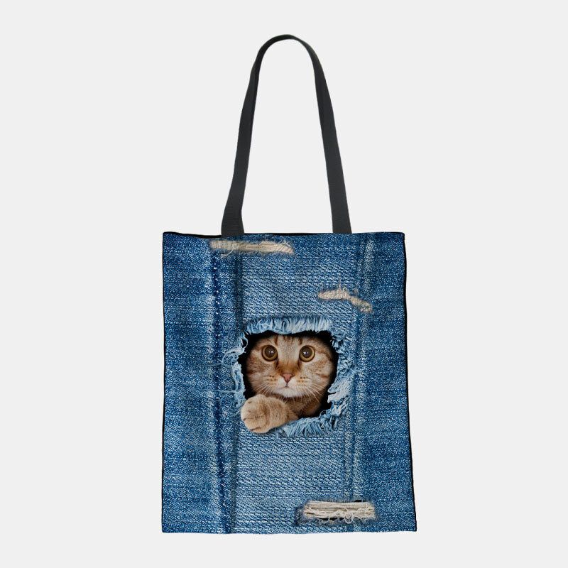 Mujeres Lienzo Rompiendo Agujero Denim 3d Lindo Gato Perro Patrón Casual Bolso De Hombro Al Aire Libre Bolso Tote