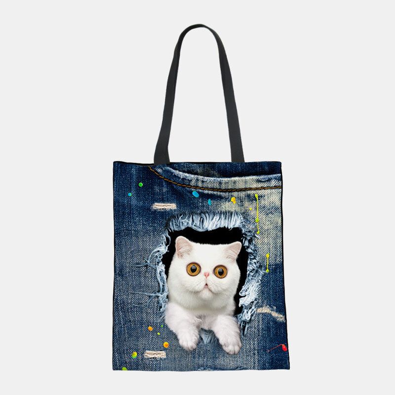 Mujeres Lienzo Rompiendo Agujero Denim 3d Lindo Gato Perro Patrón Casual Bolso De Hombro Al Aire Libre Bolso Tote