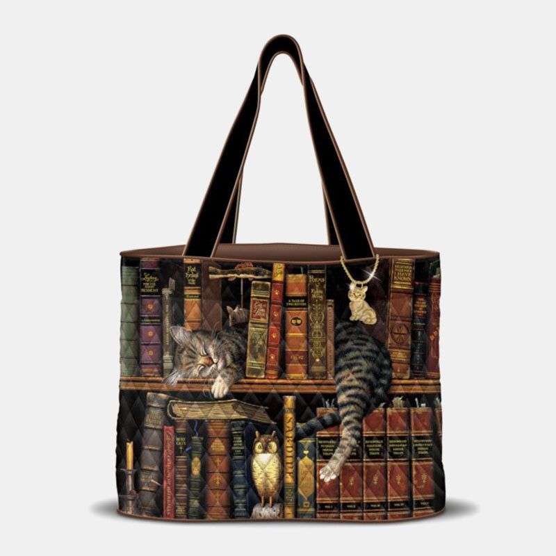 Mujeres Lindo Gato De La Siesta Estantería Obras Literarias Patrón Decoración Bolso De Hombro Bolso De Mano