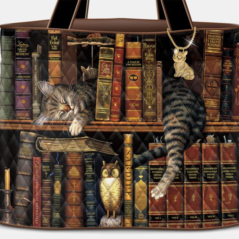 Mujeres Lindo Gato De La Siesta Estantería Obras Literarias Patrón Decoración Bolso De Hombro Bolso De Mano