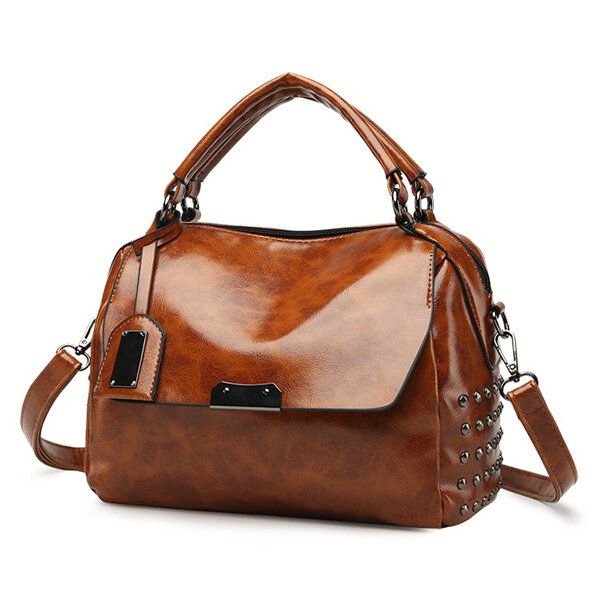 Mujeres Pu Color Sólido Moda Remaches De Cera De Aceite Bolso Boston Bolso De Hombro