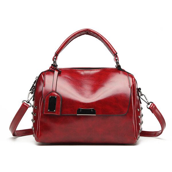 Mujeres Pu Color Sólido Moda Remaches De Cera De Aceite Bolso Boston Bolso De Hombro