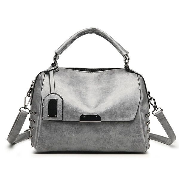 Mujeres Pu Color Sólido Moda Remaches De Cera De Aceite Bolso Boston Bolso De Hombro