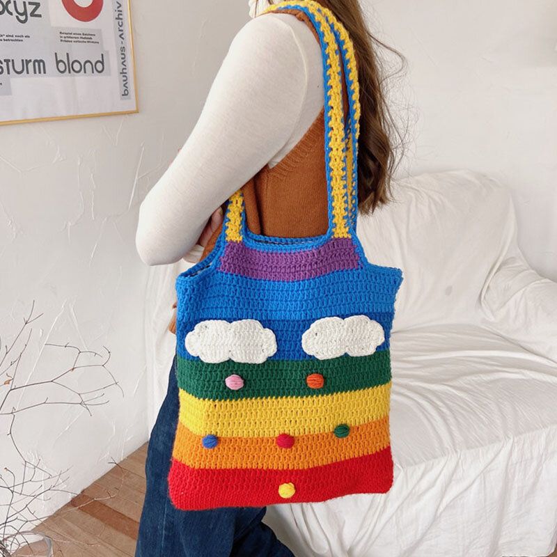 Mujeres Rainbow Stripe Cartoon Cute Casual Youth Lana De Punto Bolso Bolso Tote Crossbody